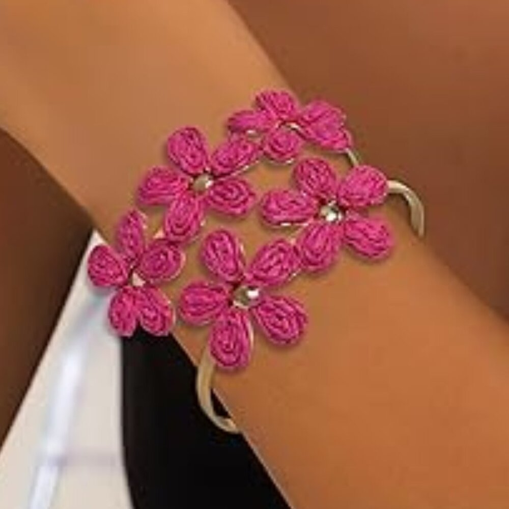 Raffia Flowers Bracelet Pink Flowers Adjustable Beach Summer Wedding‎